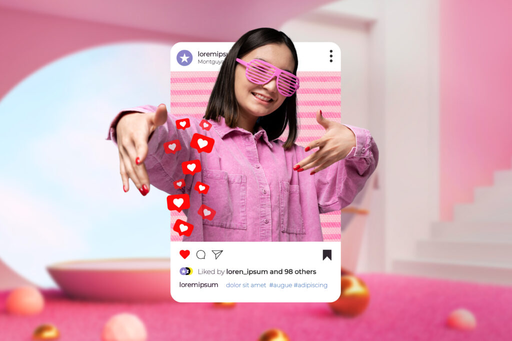 Creator mit rosa Sonnenbrille und einem Fotorahmen für Social Media