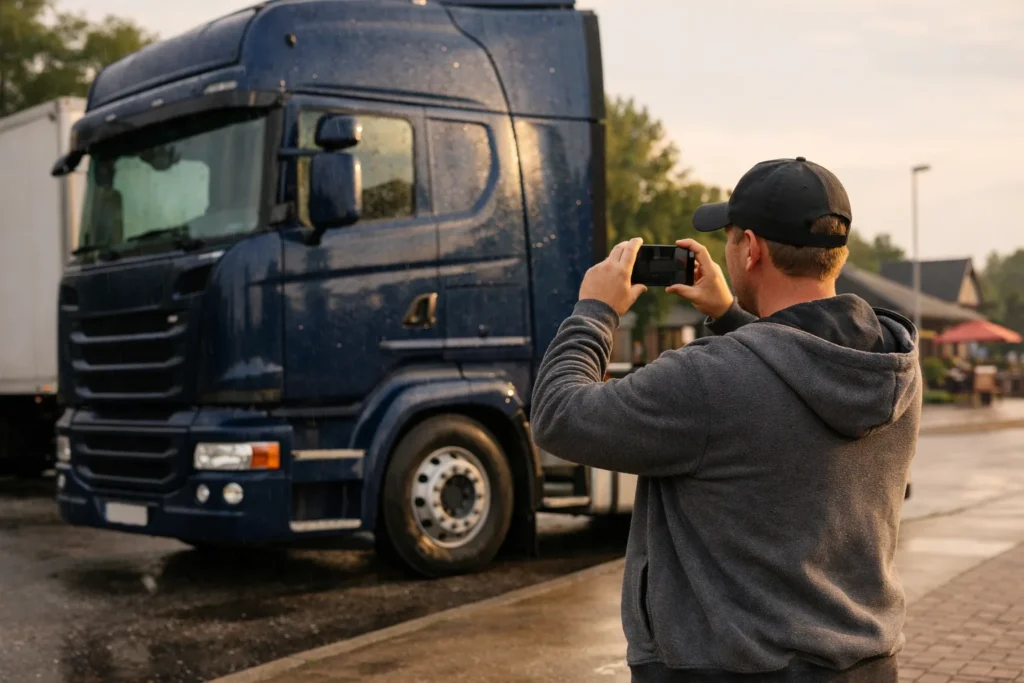 Eine Person fotografiert einen geparkten blauen Lkw im warmen Nachmittagslicht.