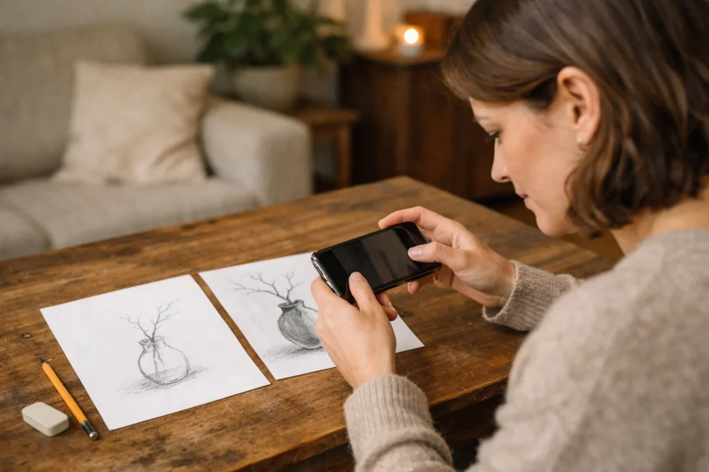 Eine Person fotografiert am Tisch zwei eigene Zeichnungen, um den Fortschritt auf Instagram zu teilen.