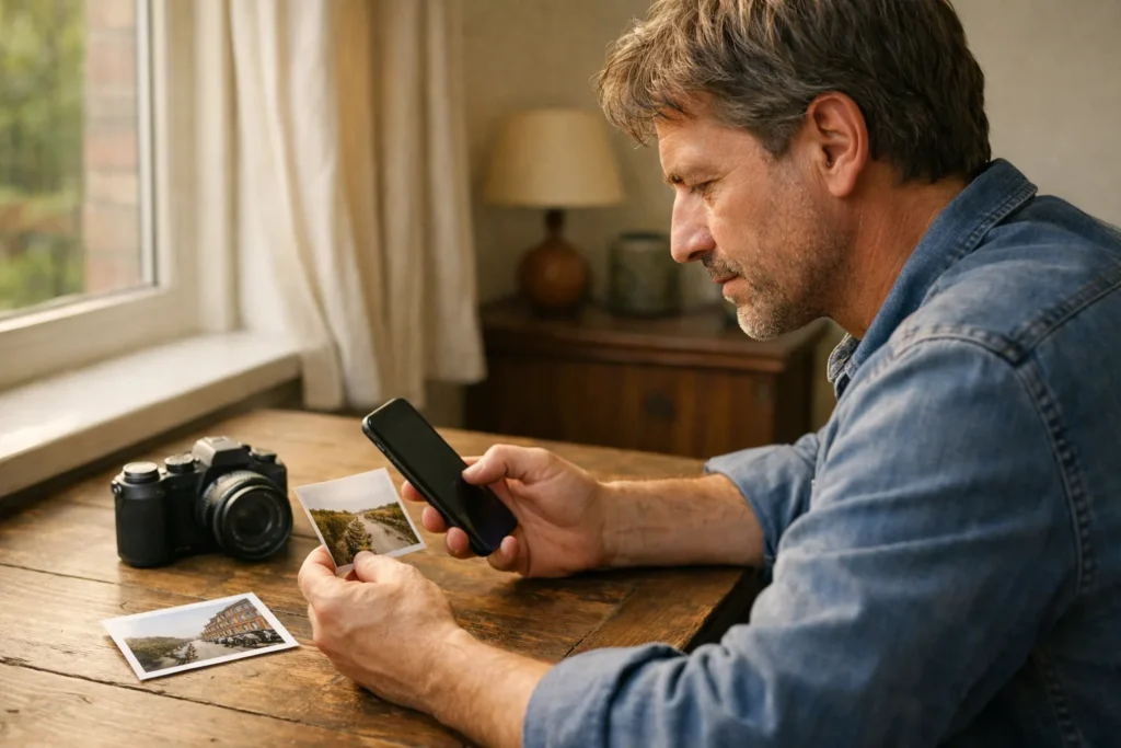 Hobbyfotograf, der an einem Tisch mit einer Kamera und Fotoabzügen eine Bildunterschrift auf einem Telefon schreibt.