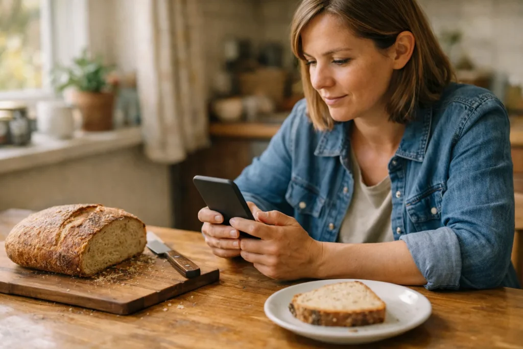 Person mit einem Smartphone am Küchentisch neben selbst gebackenem Brot.