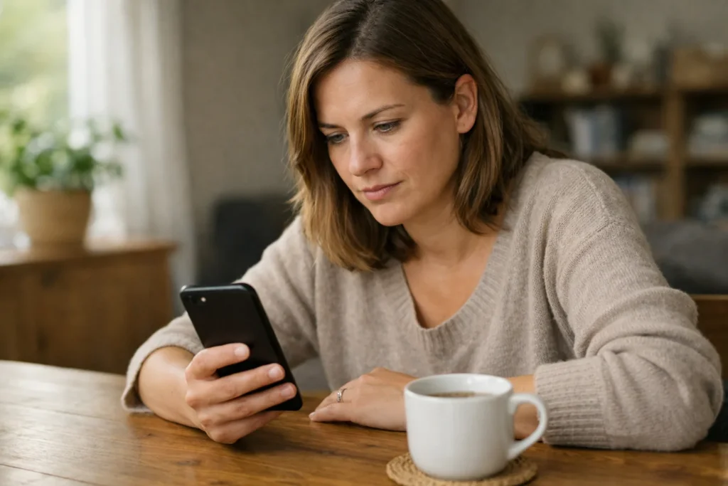 Eine Person liest aufmerksam eine Nachricht auf einem Telefon am Esstisch.