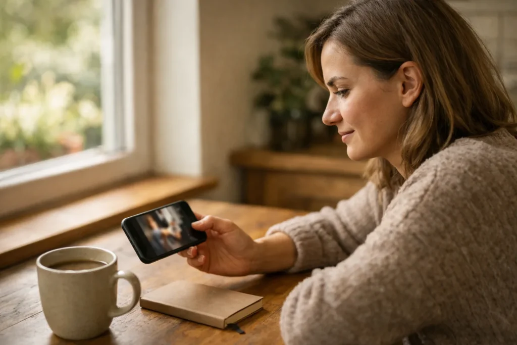 Eine Person sieht sich an einem Küchentisch ein Video auf einem Smartphone an.