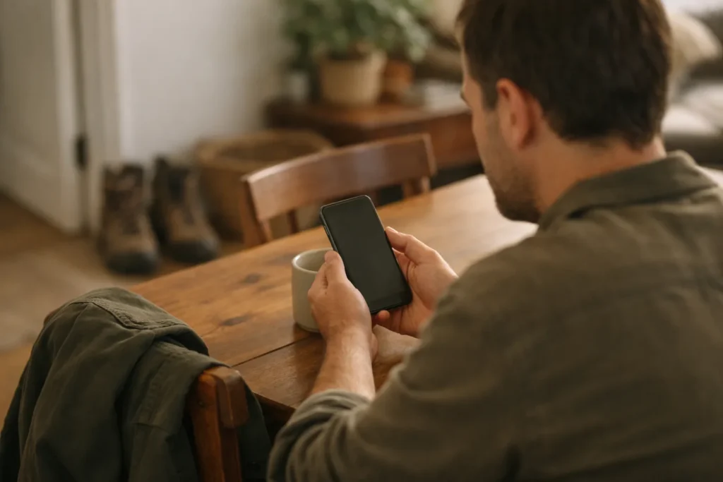 Person betrachtet zu Hause ein Smartphone, nachdem sie ein Instagram Video geteilt hat.