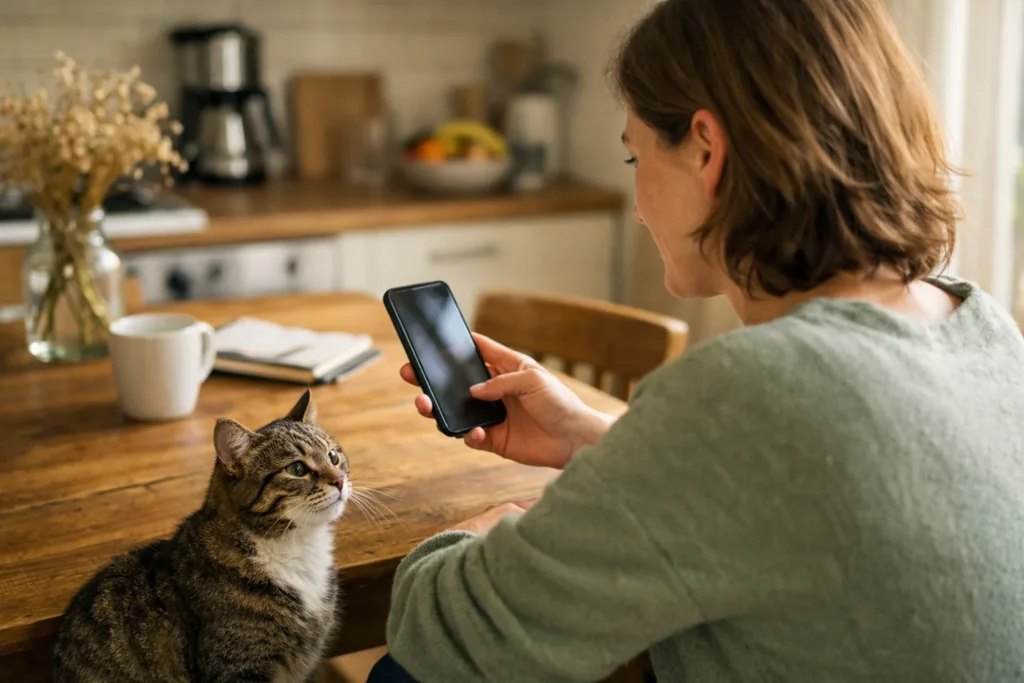 Person betrachtet am Küchentisch ein Smartphone, daneben sitzt eine Katze.