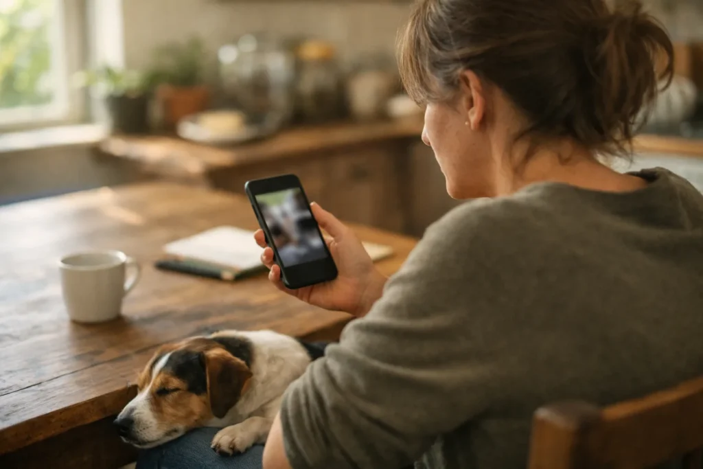 Person betrachtet am Küchentisch ein Smartphone, während ein Hund neben dem Stuhl liegt.