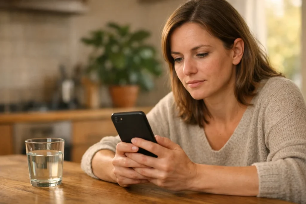 Person, die an einem hölzernen Küchentisch aufmerksam auf ein Smartphone schaut.