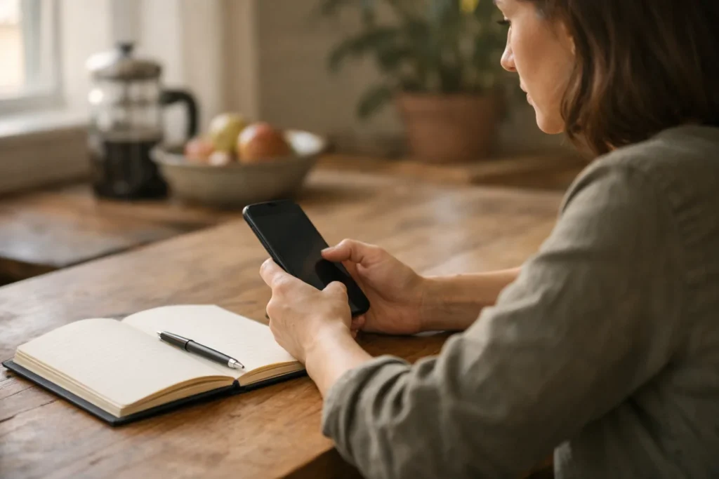 Person betrachtet am Küchentisch ein Smartphone mit einem danebenliegenden Notizbuch.