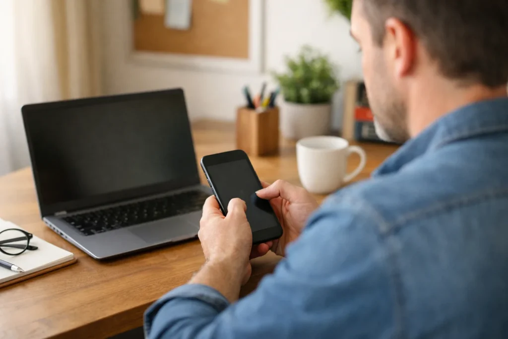 Jemand prüft am Küchentisch ein Smartphone, daneben steht ein Laptop.