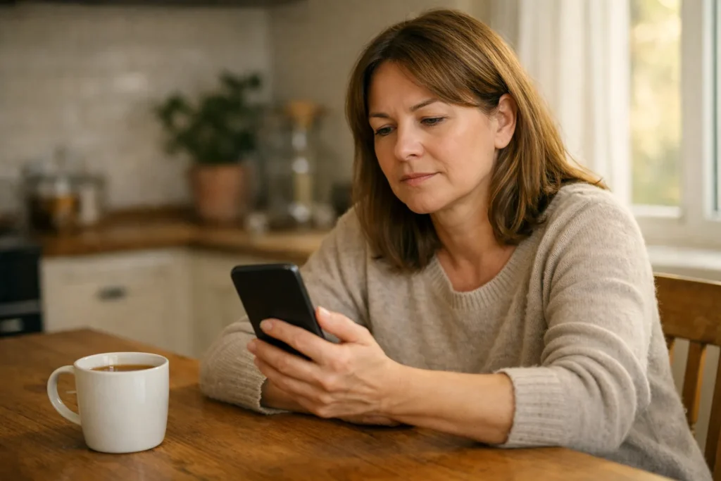 Eine Person überprüft zu Hause auf einem Smartphone ein verschwundenes TikTok Profil.
