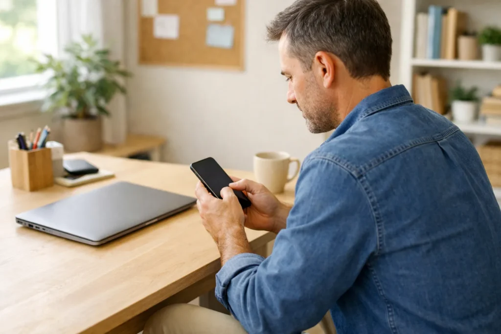 Person überprüft ein Smartphone am Küchentisch mit einem Laptop daneben.
