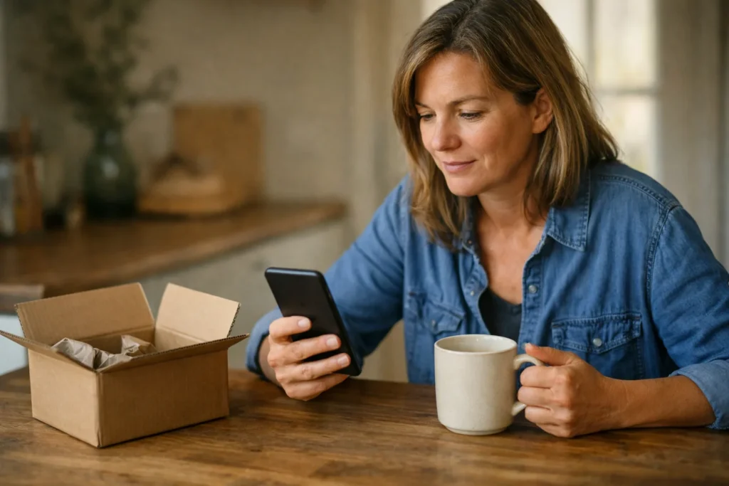 Person betrachtet am Küchentisch ein Smartphone mit einer Tasse und einem geöffneten Versandkarton.