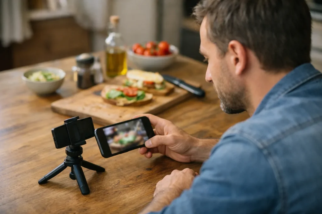 Person betrachtet am Küchentisch ein selbst erstelltes Video auf einem Telefon, bevor es geteilt wird.