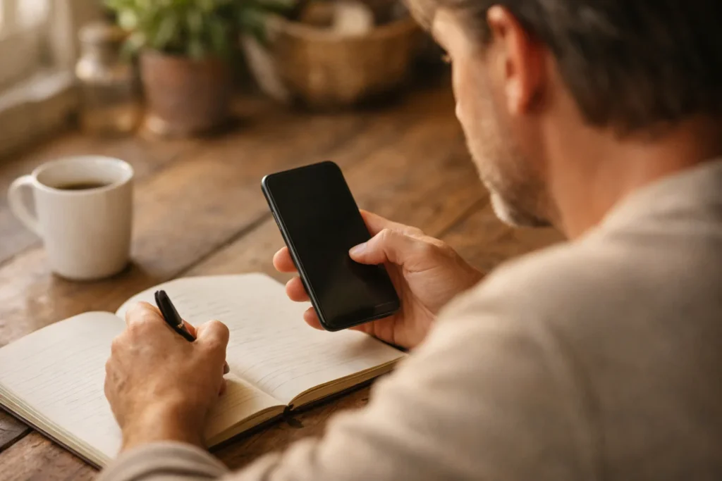 Person betrachtet ein Smartphone und macht während des Wartens auf die Instagram Verifizierung eine Notiz.