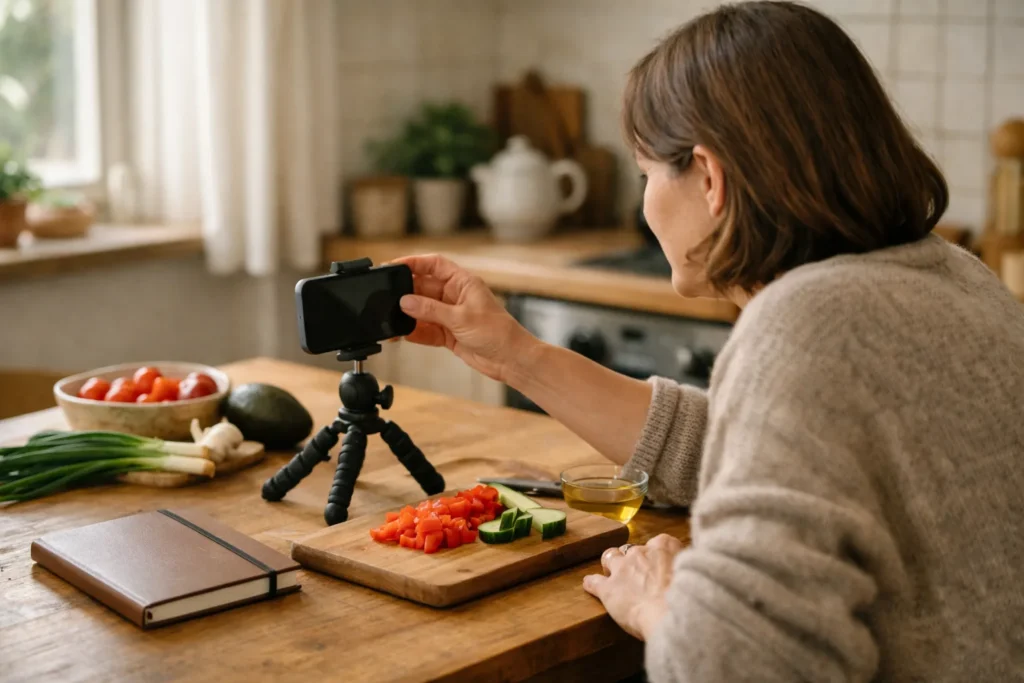 Eine Person bereitet zu Hause mit einem Smartphone ein kurzes Kochvideo vor.