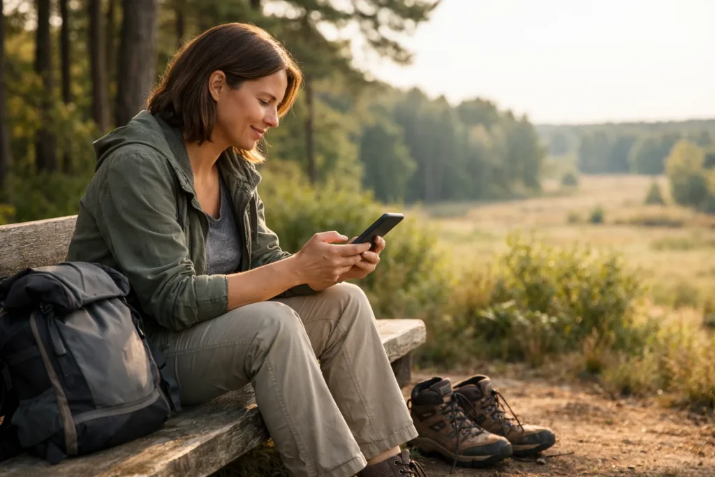 Wanderer tippt auf einer Bank am Waldrand auf einem Telefon.