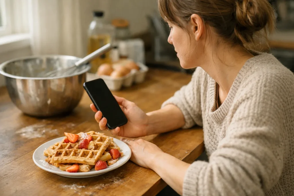 Person betrachtet nach dem Filmen selbst gebackener Waffeln ein Smartphone am Küchentisch.
