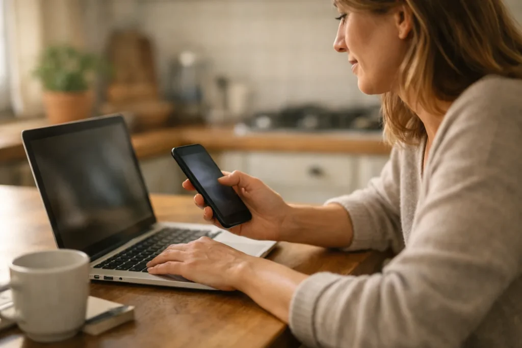 Person betrachtet ein Telefon neben einem geöffneten Laptop, um die Anzahl der Instagram Follower zu dokumentieren.