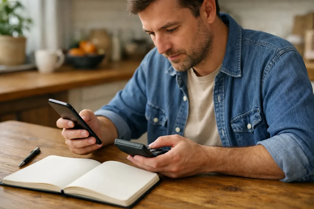 Person am Küchentisch mit Smartphone und Taschenrechner zur Berechnung von Einnahmen aus Reels.
