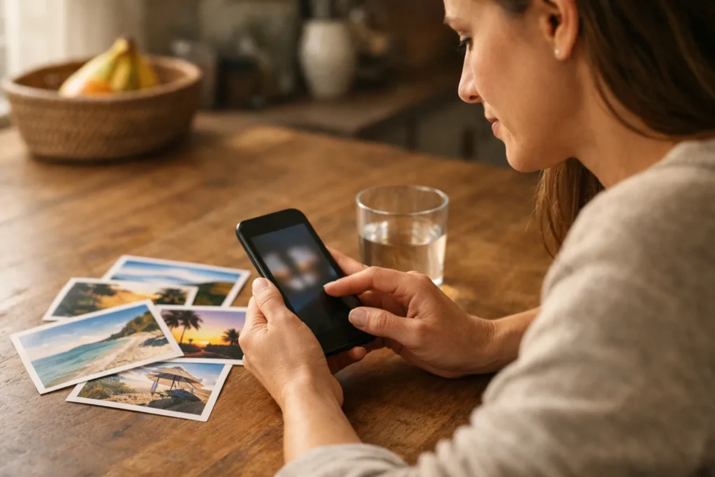 Person bearbeitet an einem Küchentisch auf einem Smartphone ein Urlaubsfoto für eine Instagram Story.