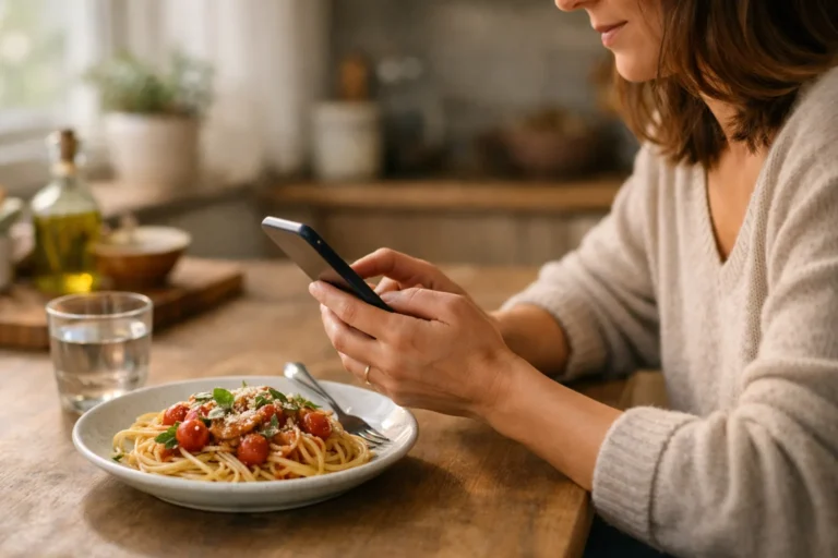 Jemand verwendet neben einem Teller Pasta ein Smartphone, um ein Rezept in einer Story zu teilen.