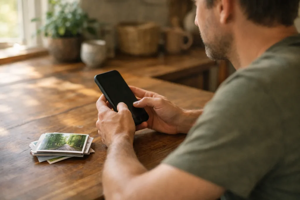 Person verwendet zu Hause ein Smartphone mit Fotos einer Wanderung auf dem Tisch.