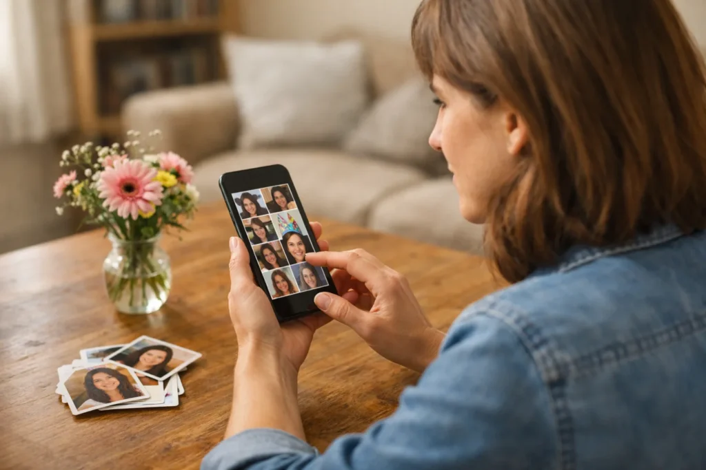 Person wählt zu Hause auf einem Smartphone ein Foto für ein vorübergehendes Facebook Profilbild aus.