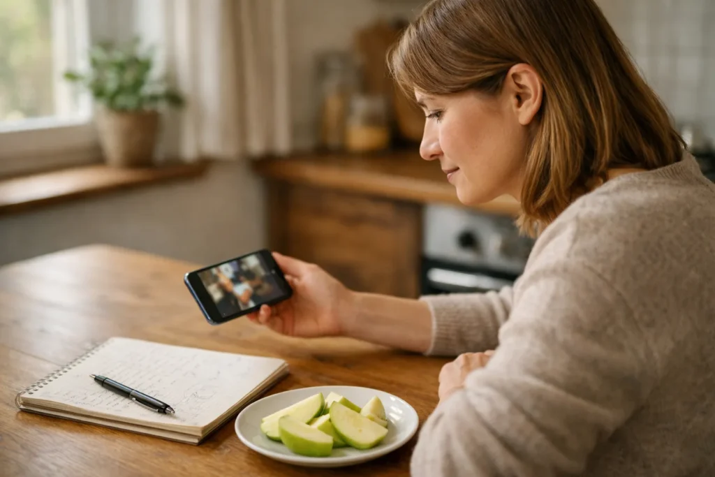Person überprüft an einem Küchentisch ein eigenes Kochvideo auf einem Smartphone.