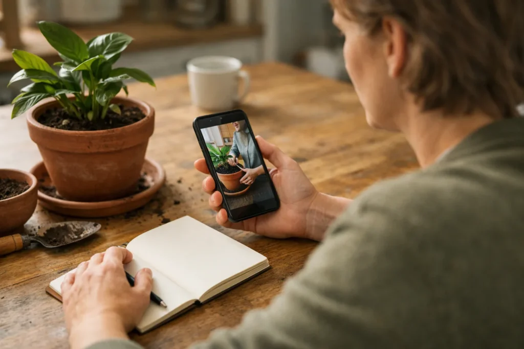 Person betrachtet am Küchentisch ein aufgenommenes Video auf einem Smartphone neben einer Zimmerpflanze.