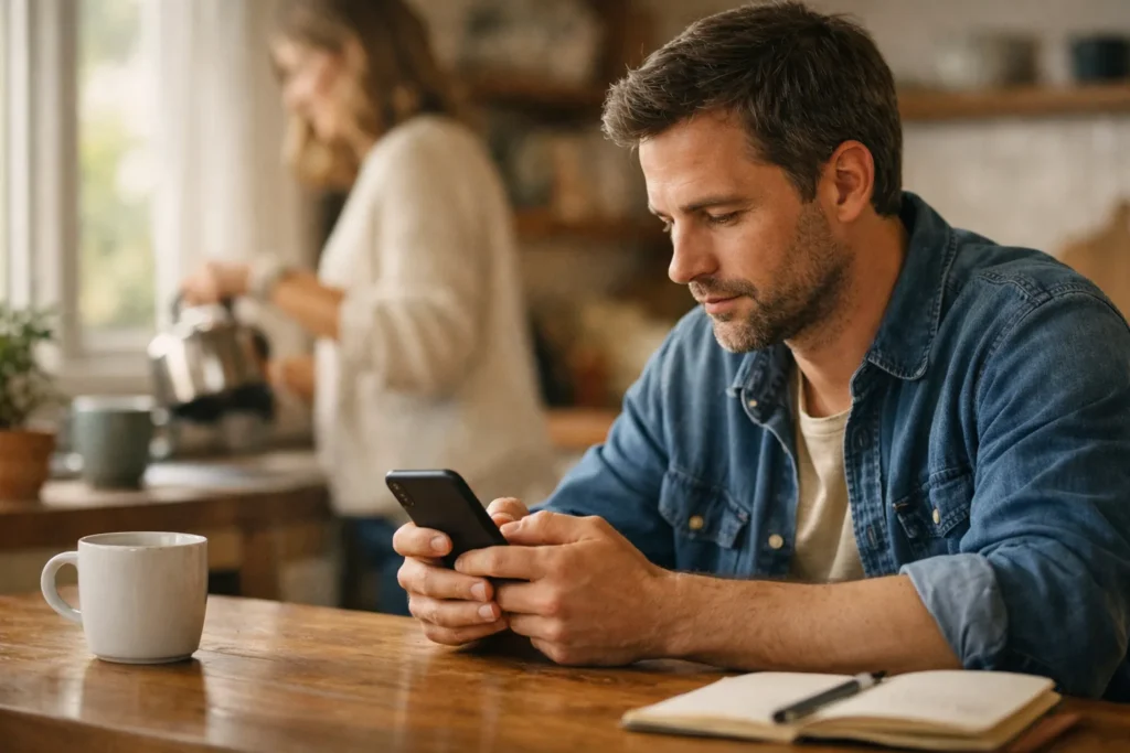 Person verwendet zu Hause ein Smartphone, um auszuwählen, mit wem ein Foto geteilt wird.