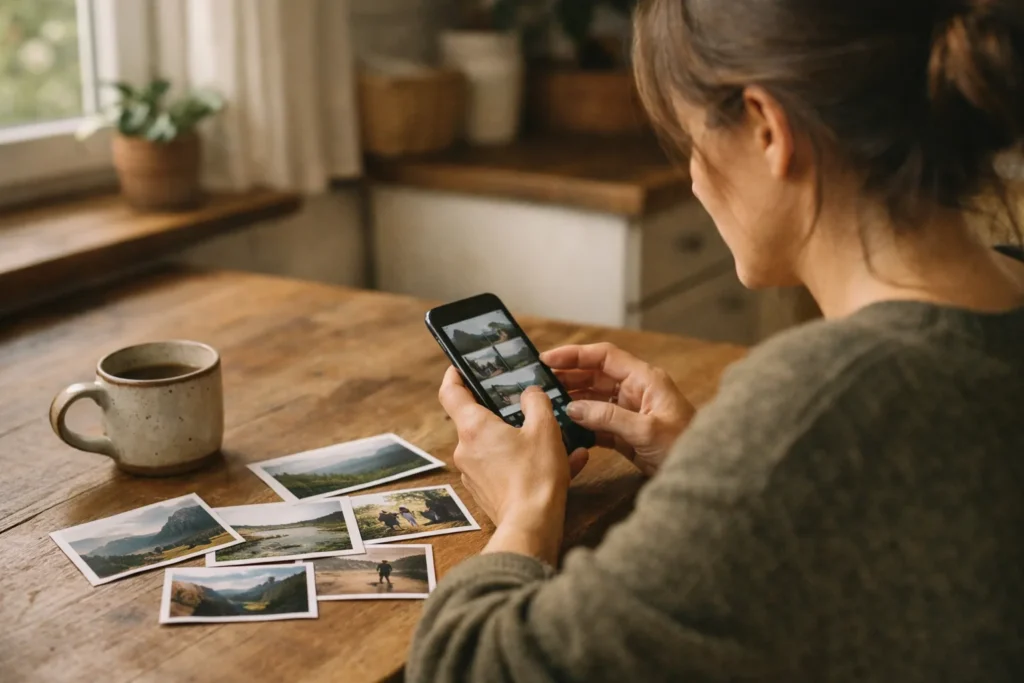 Person betrachtet Urlaubsfotos auf einem Smartphone, um Instagram Highlights zusammenzustellen.