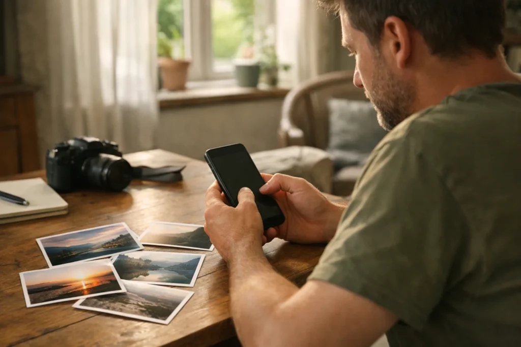 Person mit einem Smartphone an einem Tisch neben ausgedruckten Fotos für ein eigenes Portfolio.