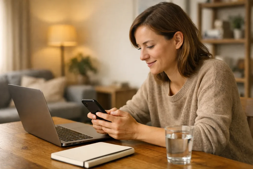 Person prüft einen Link auf einem Smartphone neben einem Laptop am Küchentisch.