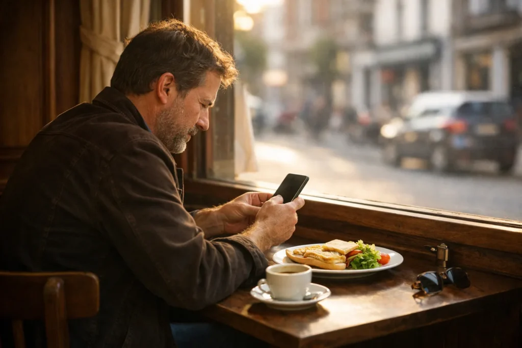 Cafébesucher verwendet neben einem Mittagessen und einer Tasse Kaffee am Fenster ein Telefon.
