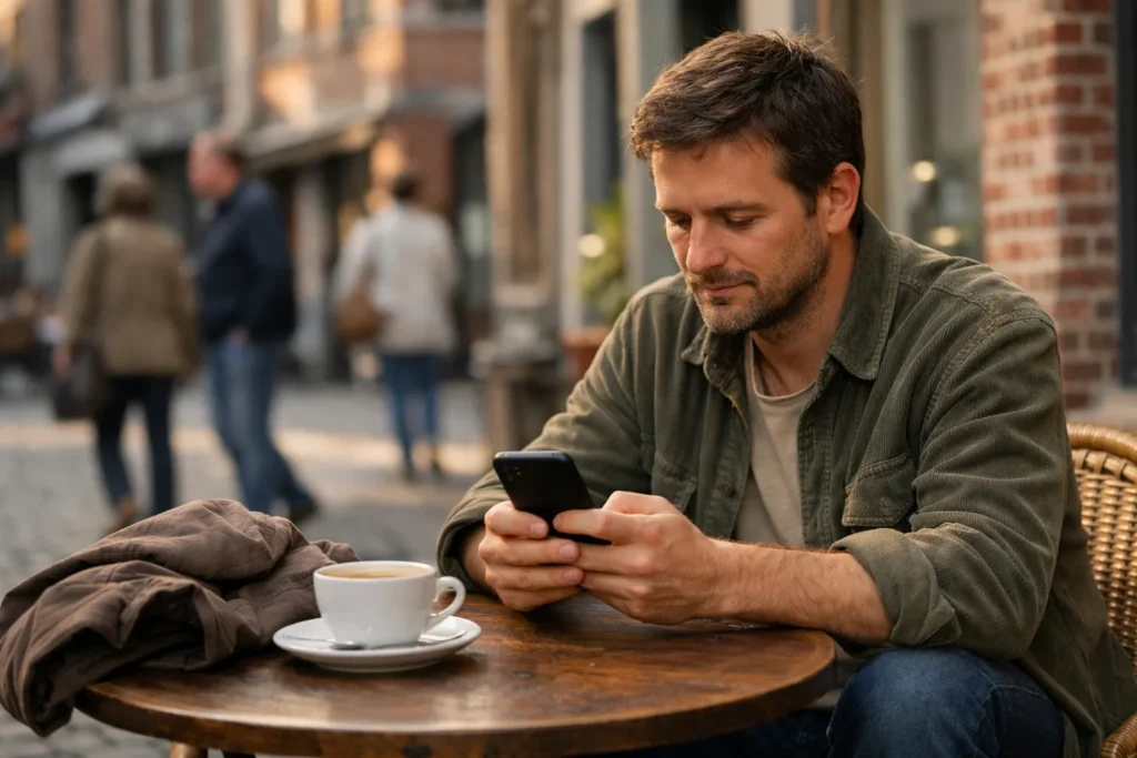 Person benutzt ein Smartphone auf einer Caféterrasse, um einen TikTok Beitrag vorzubereiten.