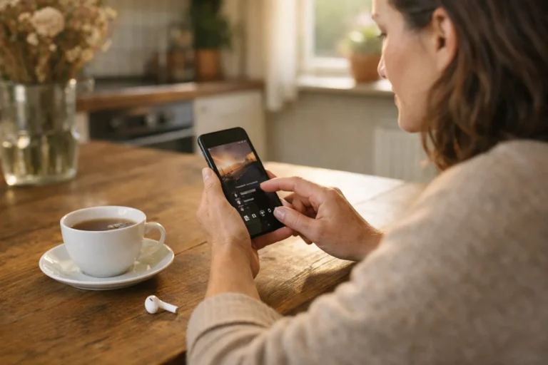Person, die am Küchentisch auf einem Smartphone eine Instagram Story mit Musik vorbereitet.
