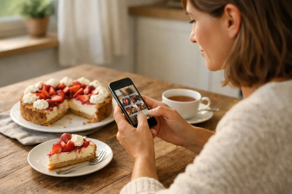 Person betrachtet neben einem selbst gebackenen Kuchen ein Smartphone, um Fotos für eine Instagram Story auszuwählen.
