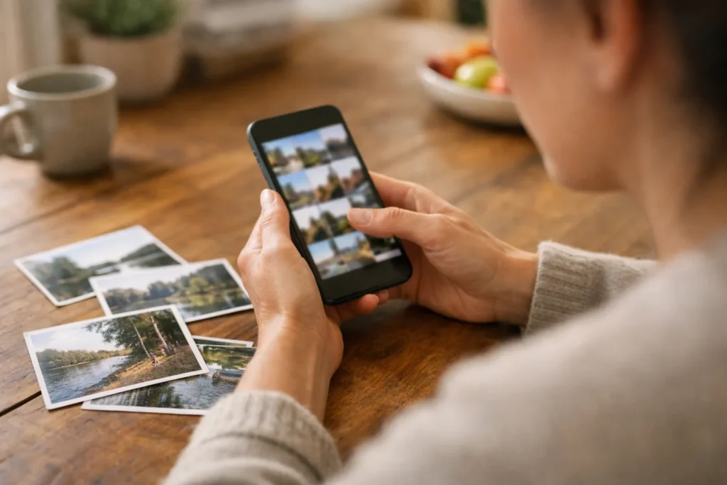 Jemand wählt zu Hause Fotos auf einem Smartphone für eine TikTok Reihe aus.
