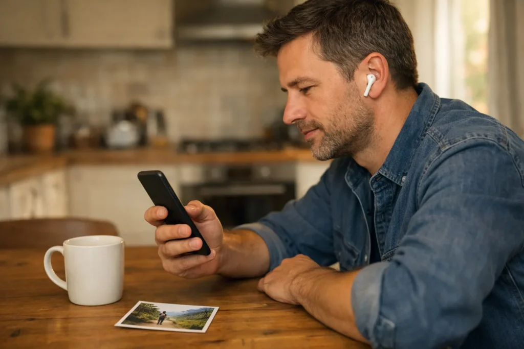 Person am Küchentisch hört Musik auf einem Telefon für einen Facebook Beitrag.