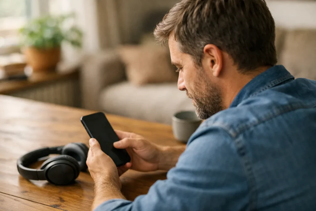 Person betrachtet ein Smartphone mit einem Kopfhörer daneben auf dem Tisch.