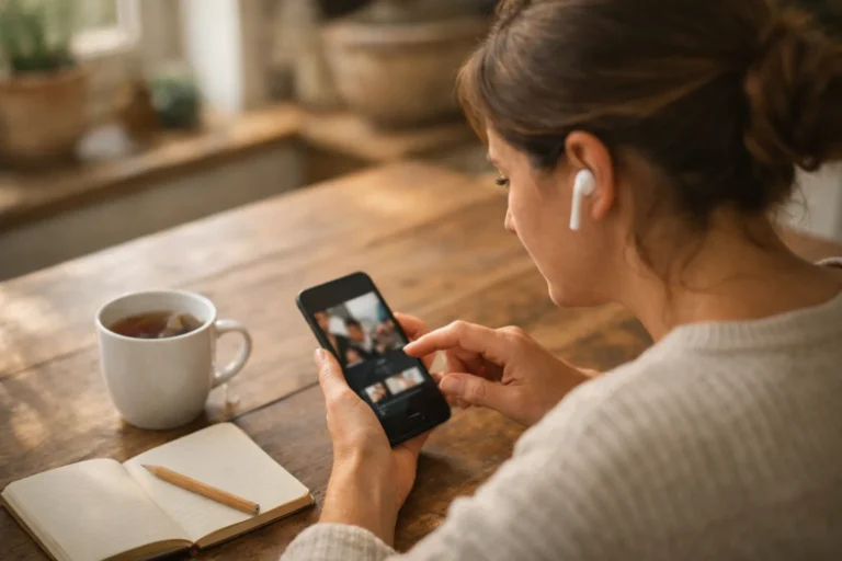 Person am Küchentisch, die mit einem Ohrhörer Musik für ein Instagram Reel anhört.