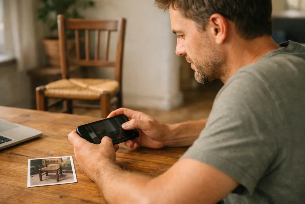 Person bearbeitet ein Video auf einem Telefon, mit einem Foto eines alten Stuhls auf dem Tisch und dem aufgearbeiteten Stuhl im Hintergrund.