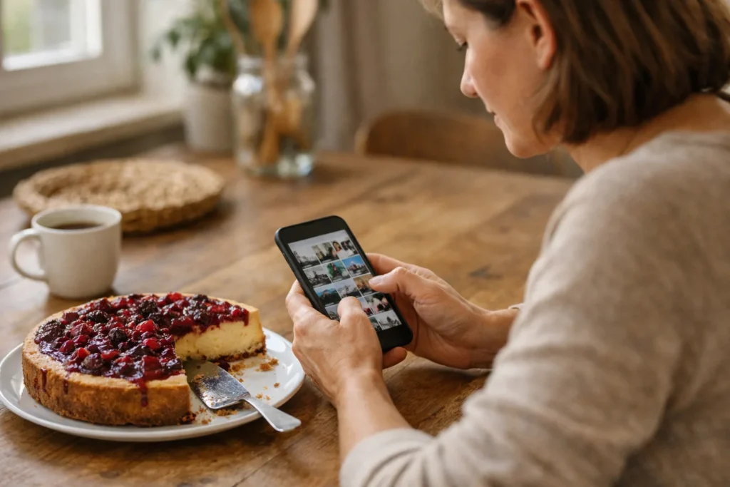 Jemand wählt an einem Küchentisch Fotos auf einem Telefon aus, neben einem selbst gebackenen Kuchen.