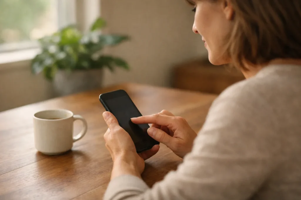 Person, die zu Hause am Küchentisch einen Profiltext auf einem Smartphone bearbeitet.