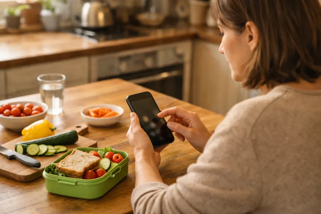 Person betrachtet ein Smartphone neben einer Lunchbox, während sie ein TikTok Video bearbeitet.