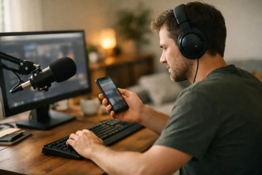 Person mit einem Smartphone an einem Schreibtisch mit Mikrofon und Computer zum Streamen.