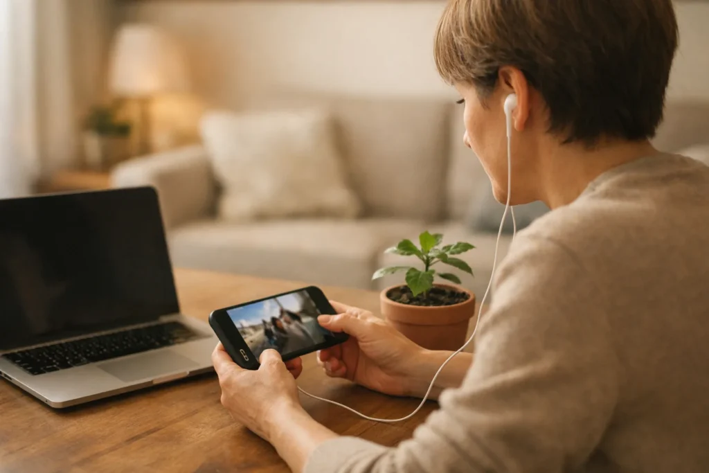 Person hört mit Kopfhörern den Ton eines eigenen Videos auf einem Telefon.