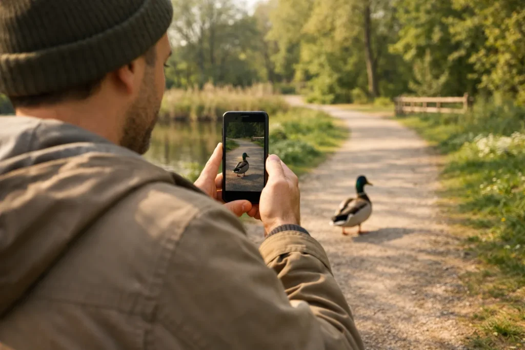 Eine Person filmt bei einem Spaziergang mit einem Smartphone eine Ente im Park für eine Instagram Story.