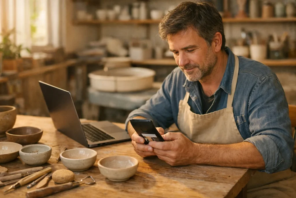 Workshop Leitung bereitet mit einem Smartphone und Laptop eine Instagram Werbung für einen Töpferworkshop vor.