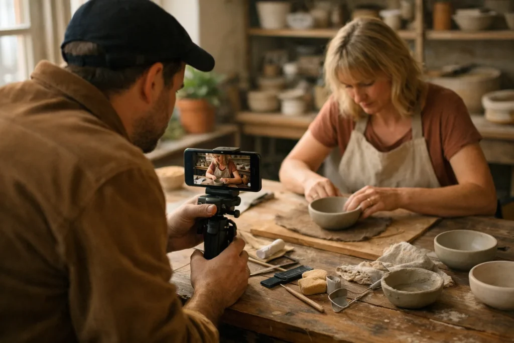 Ein Creator filmt mit einem Smartphone, wie jemand eine Keramikschale für ein Werbevideo formt.